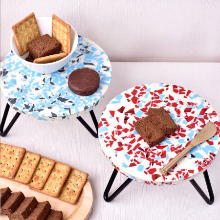 Turquoise and Red Terrazzo Wood and Resin Cake Stand for Dessert, Fruit and Planter